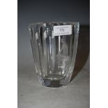 AN ORREFORS CLEAR GLASS TAPERED SQUARE FORM VASE DECORATED WITH LADY ON A ROCK