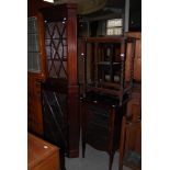 AN EARLY 20TH CENTURY MAHOGANY CORNER CUPBOARD TOGETHER WITH MAHOGANY MUSIC CABINET AND AN OAK