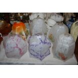SIX EARLY 20TH CENTURY MOTTLED GLASS LAMP SHADES, MOST OF HEXAGONAL FORM