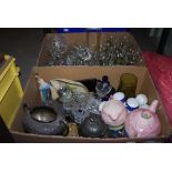 TWO BOXES OF ASSORTED GLASSWARE, CERAMICS, EP WARE