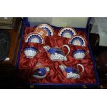 A LARGE BOXED OF ROYAL CROWN DERBY TEA WARE WITH PARTRIDGE SHAPED TEA POT, SUGAR AND CREAM JUG IN