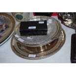A GROUP OF PIERCED SILVER PLATED SERVING ITEMS INCLUDING A BASKET, BOWL AND PLATE TOGETHER WITH A