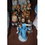 A GROUP OF GEOBEL FIGURES TO INCLUDE FIGURES OF CHILDREN, A MONK CRUET SET AND HONEY POT AND A