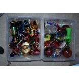 TWO BOXES OF ASSORTED COLOURED DECORATIVE GLASSWARE