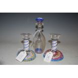 A PAIR OF MILLIEFIORI GLASS CANDLESTICKS, DATED 1848 TOGETHER WITH A MILLEFIORI AND CLEAR GLASS