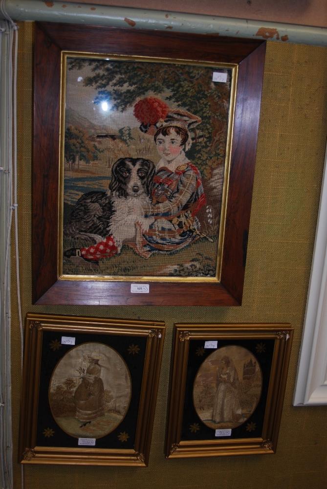 A 19TH CENTURY NEEDLEWORK EMBROIDERED PANEL OF A HIGHLAND BOY AND ATTENDANT DOG WITHIN ROSEWOOD