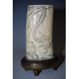 A JAPANESE IVORY TUSK VASE, CARVED WITH SERPENT AND TOADS ON GILDED CARVED WOOD STAND, MEIJI PERIOD