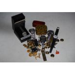 BOX - ASSORTED WRISTWATCHES, BUTTONS, INDIAN SERVICE POLICE STAR BADGE, A NORTHERN RHODESIA CHROME