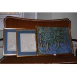 A GROUP OF SEVEN ASSORTED DECORATIVE PICTURES, PRINTS, RECTANGULAR MARQUETRY INLAID PANEL