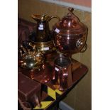 A COPPER SAMOVAR URN TOGETHER WITH A COPPER BED WARMING PAN BASE WITH ENGRAVED NOBLE HERALDRY,