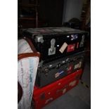 THREE 20TH CENTURY TRAVEL TRUNKS INCLUDING TWO METAL MOUNTED WOODEN EXAMPLES AND A METAL EXAMPLE