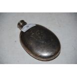 LATE 19TH CENTURY WHITE METAL SPIRITS FLASK ENGRAVED WITH ARMORIAL, INSCRIBED ON BANNER 'EVER