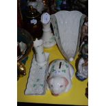 FIVE ITEMS OF IRISH BELLEEK WARE, INCLUDING A LARGE CORNUCOPIA VASE, A PIGGY BANK AND THREE OTHERS