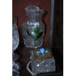 EARLY 20TH CENTURY ART AND CRAFTS CLEAR AND GREEN GLASS TABLE CENTREPIECE VASE, TOGETHER WITH A