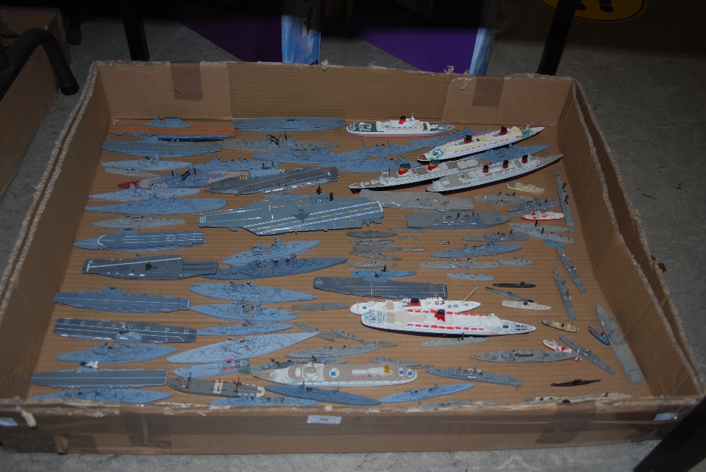 BOX OF ASSORTED TRIAN NEPTUNE AND OTHER MODEL NAVAL VESSELS AND CRUISE SHIPS AND A BOX OF ASSORTED