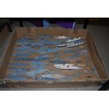 BOX OF ASSORTED TRIAN NEPTUNE AND OTHER MODEL NAVAL VESSELS AND CRUISE SHIPS AND A BOX OF ASSORTED