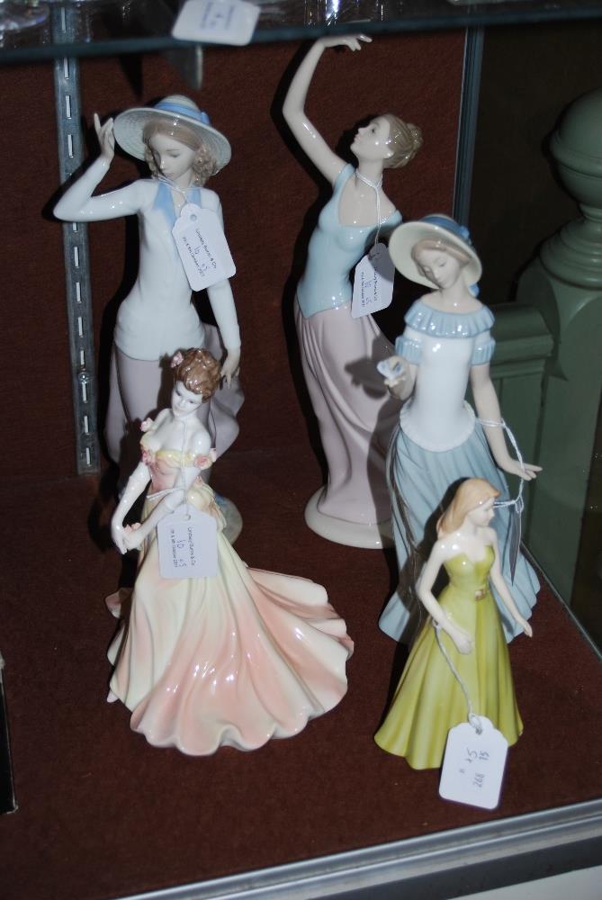 GROUP OF FIVE PORCELAIN FIGURES TO INCLUDE LLADRO FIGURE OF GIRL WITH STRAW HAT, TWO NAO PORCELIN