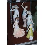 GROUP OF FIVE PORCELAIN FIGURES TO INCLUDE LLADRO FIGURE OF GIRL WITH STRAW HAT, TWO NAO PORCELIN