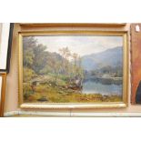 W.S.MYLES, HIGHLAND LANDSCAPE WITH LOCH AND SHEPHERD DRIVING FLOCK, OIL ON CANVAS, SIGNED AND
