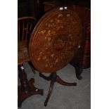 A 19TH CENTURY MARQUETRY INLAID MAHOGANY TILT TOP OCCASIONAL TABLE, THE TOP WITH SCENES OF BIRDS AND