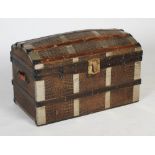 Large 20th century metal bound trunk, with nailed plank top and crocodile-effect leather, the lock