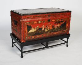 A 19th century Chinese red japanned leather chest on stand, the brass mounted and studded leather