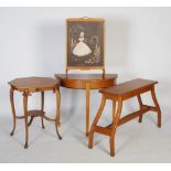 Four pieces of oak furniture, including a demilune table with three square tapered legs on spade