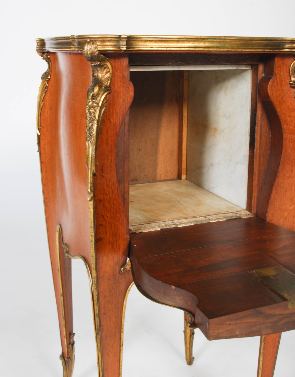 An early 20th century French oak and gilt bronze mounted marble topped bedside table in the manner - Image 5 of 8
