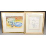 A group of four framed decorative pictures, including two watercolour still lifes by Gillian Robb (