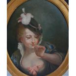 19th century French School Bust length portrait of a lady oil on canvas, oval 59cm x 47.5cm