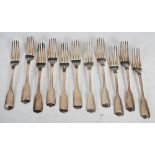 A set of six George IV English fiddle pattern table forks, four forks by maker William Chawner II,