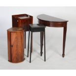 Four pieces of small furniture, including a demilune three legged occasional table, a small mahogany