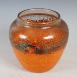 An early Monart vase, shape A, mottled clear, orange, yellow and green glass with three typical