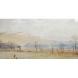 Tom Scott RSA (Scottish 1859 - 1927) Snow capped hills with shepherd watercolour on paper, signed '