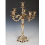 A late 19th century silver plated six branch candelabra, in the Rococo taste, with a single
