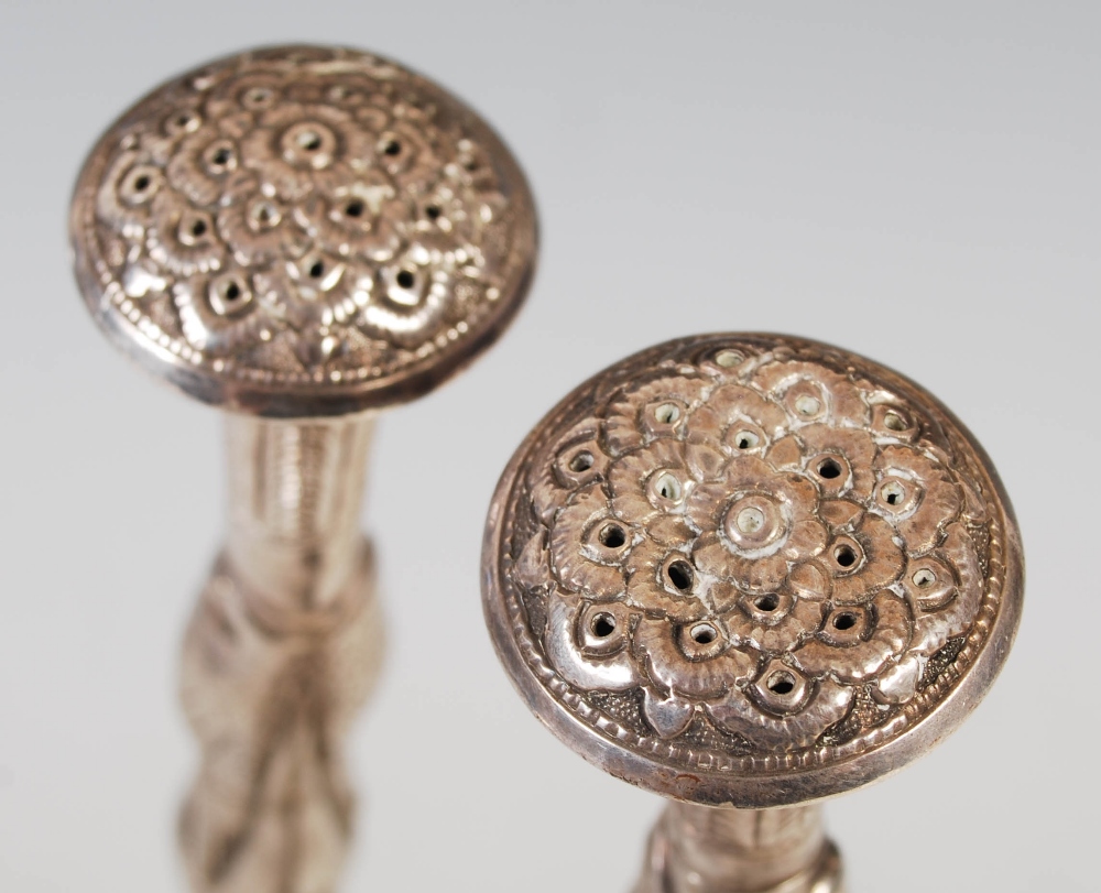 A pair of 19th century Indian silver rosewater sprinklers, modelled as cranes supporting - Image 5 of 5