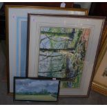 A group of five landscape paintings, including an oil on board of a church scene by Neil