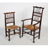 Set of eight 19th century oak and woven rush seat dining chairs, the backs with serpentine top