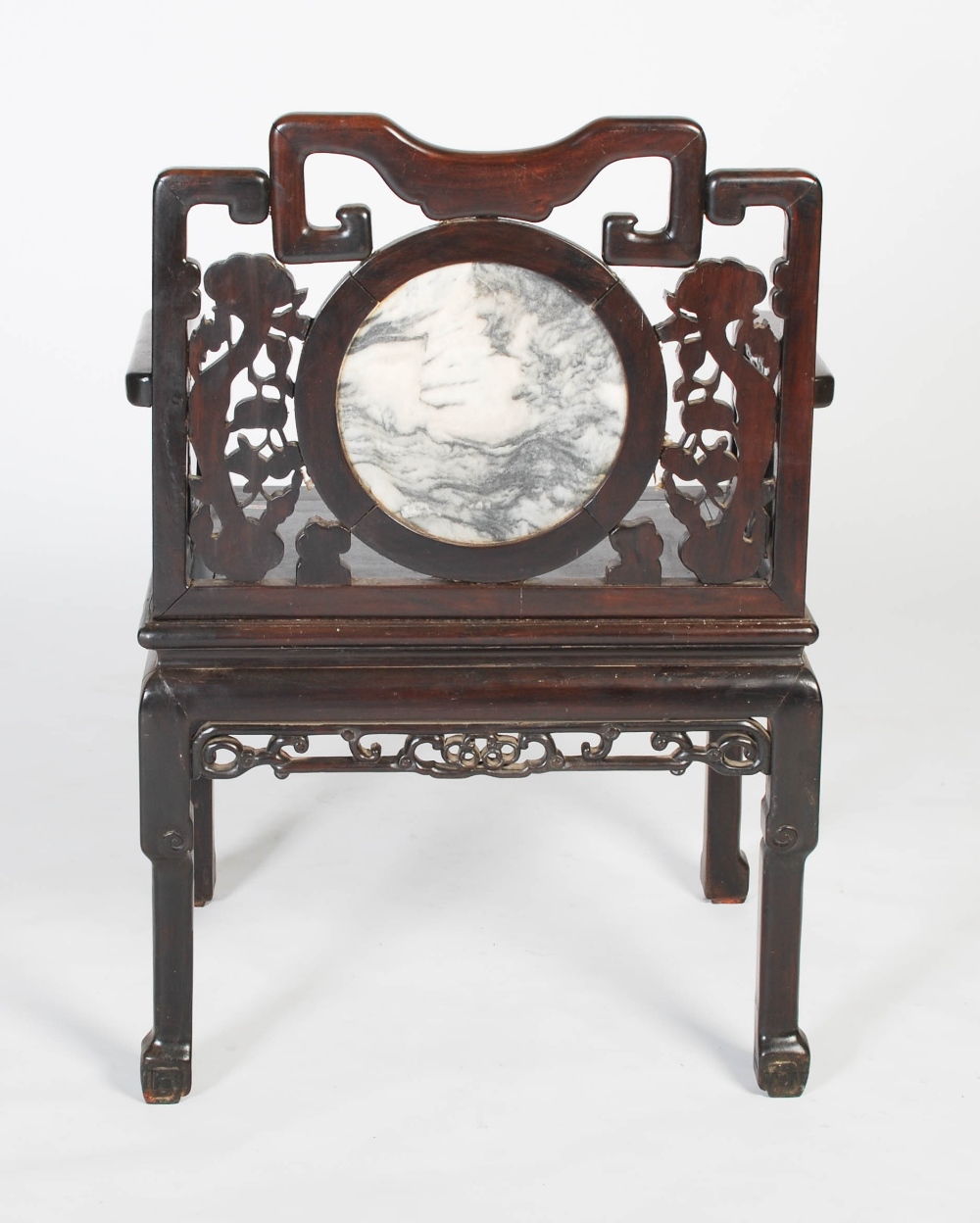 A Chinese carved darkwood and inlaid armchair, Qing Dynasty, the shaped back rail with two carved - Image 6 of 6