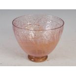A Monart vase/ footed deep bowl, shape LG, mottled clear and pink glass with horizontal and vertical