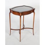 Early 20th century mahogany glazed bijouterie table, the top of the serpentine rectangular form, the