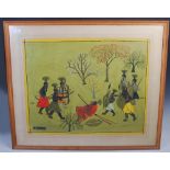A group of four framed decorative pictures, including a 20th century watercolour of a scene from