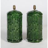 Pair of 1970's green glazed West German ceramic table lamps, in bamboo effect, each 44cm high.