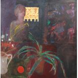 AR Sam Rae (Scottish fl.1970) Abstract still life with female figure, plant and jugs oil and gold