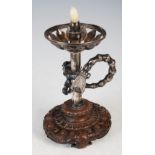 A late 19th century Chinese silver candlestick, the narrow gauge sconce and pierced foliate drip pan
