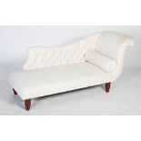 A 20th century chaise longue, with single scrolling arm and button back, upholstered in white