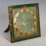 An Art Deco green lacquered and shagreen mantle clock, the square framed case with Chinoiserie style