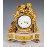 A 19th century Continental ormolu and marble mantel clock, the circular convex enamel dial with