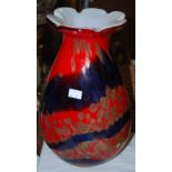 Large Murano glass vase, of teardrop form with lobed rim, the interior with white glass the exterior