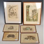 Four French 17th century style ink drawings on paper of coaches and carriages, some with red seal